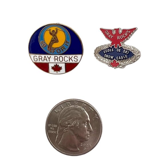 Pair of Gray Rocks Quebec Canada Enamel Lapel Pin Brooch Ski Snow Eagle Skiing - Picture 5 of 5